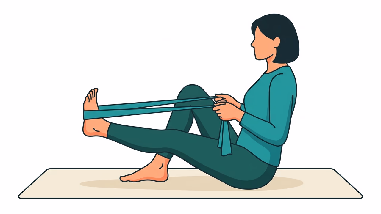 Illustration der Theraband-Dorsiflexion bei Achilles-Tendinopathie: sitzend Fuß hochziehen gegen Theraband-Widerstand