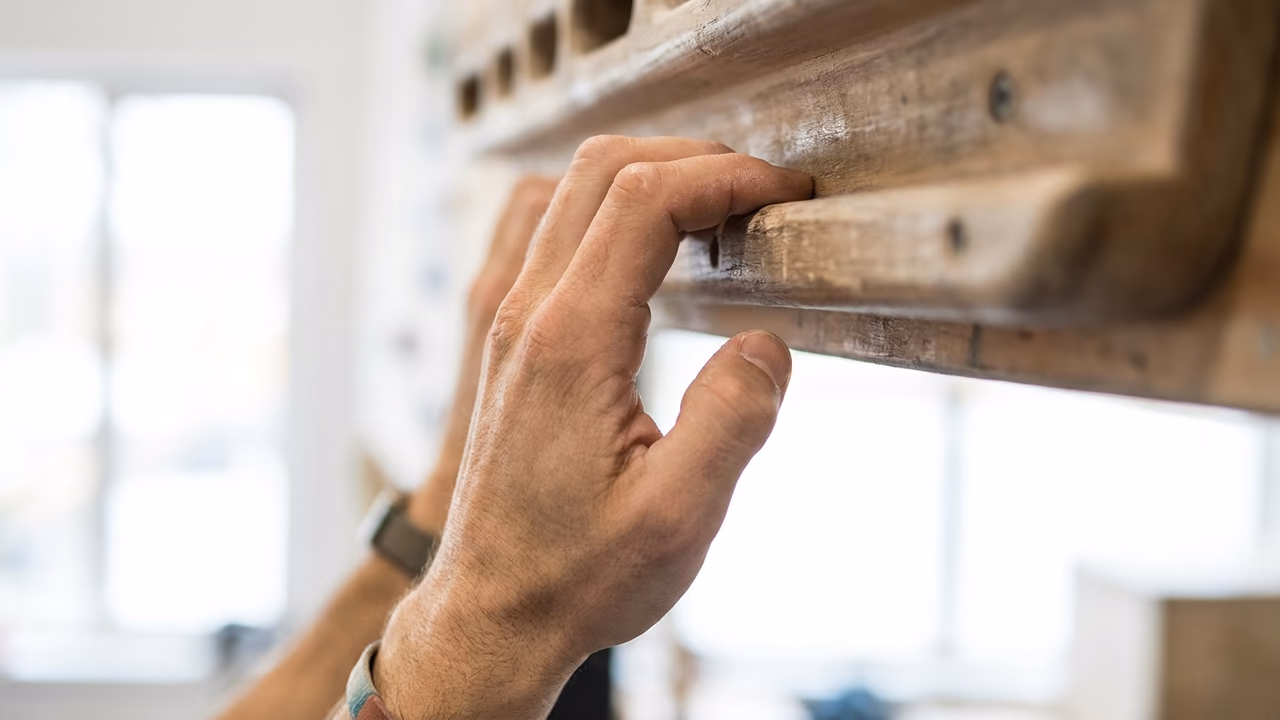Isometrische Crimp-Holds: Halboffene Fingerposition wird an einer Leiste mit reduziertem Gewicht gehalten.