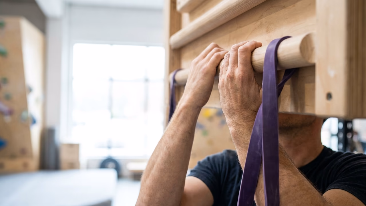 Hangboard-Training: Kontrolliertes Hängen an großen Leisten mit Gewichtsentlastung in der späten Reha.