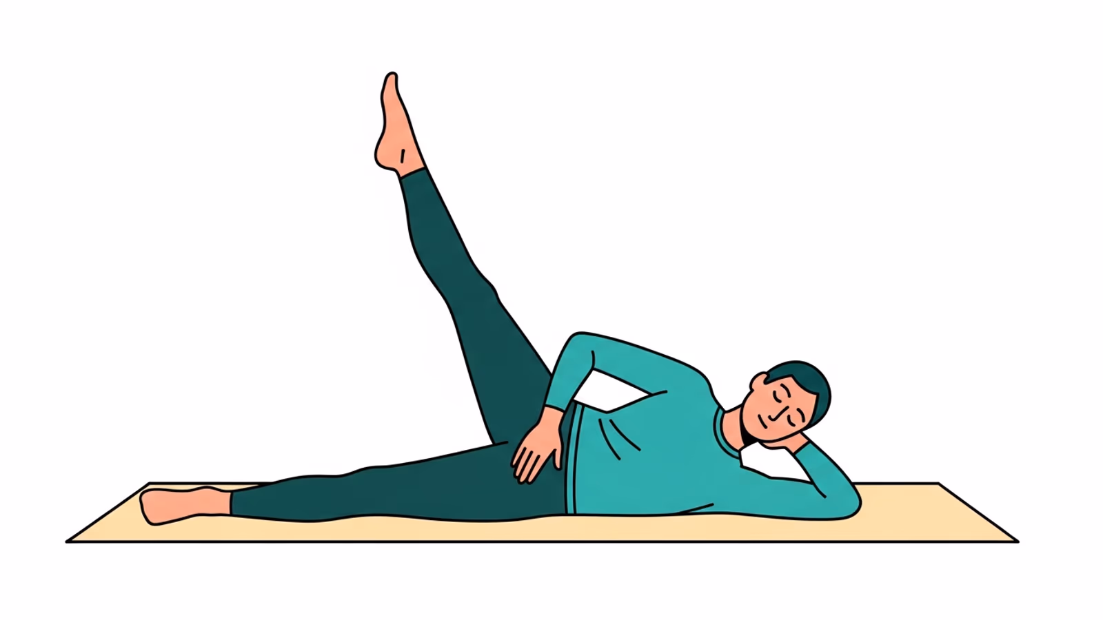 Illustration des seitlichen Beinhebers bei Läuferknie: Seitenlage, oberes Bein gestreckt nach oben anheben