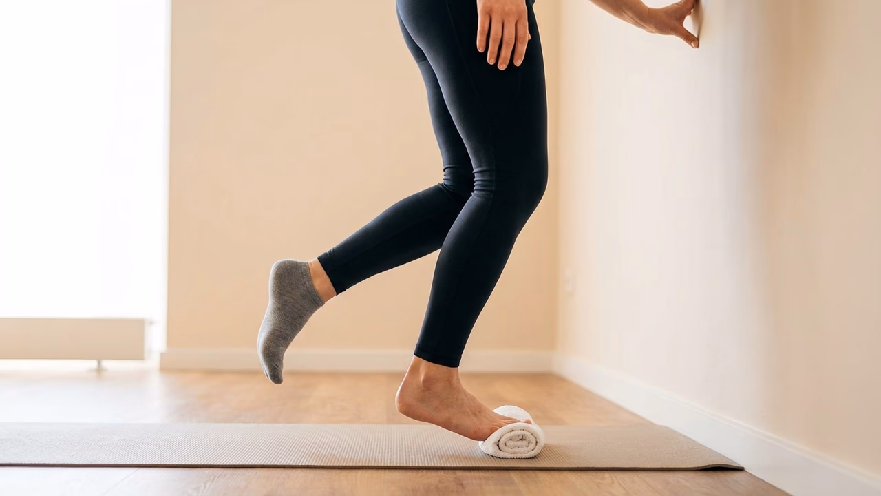 Illustration des einbeinigen Wadenhebers bei Plantarfasziitis: einbeinig auf den Zehenspitzen