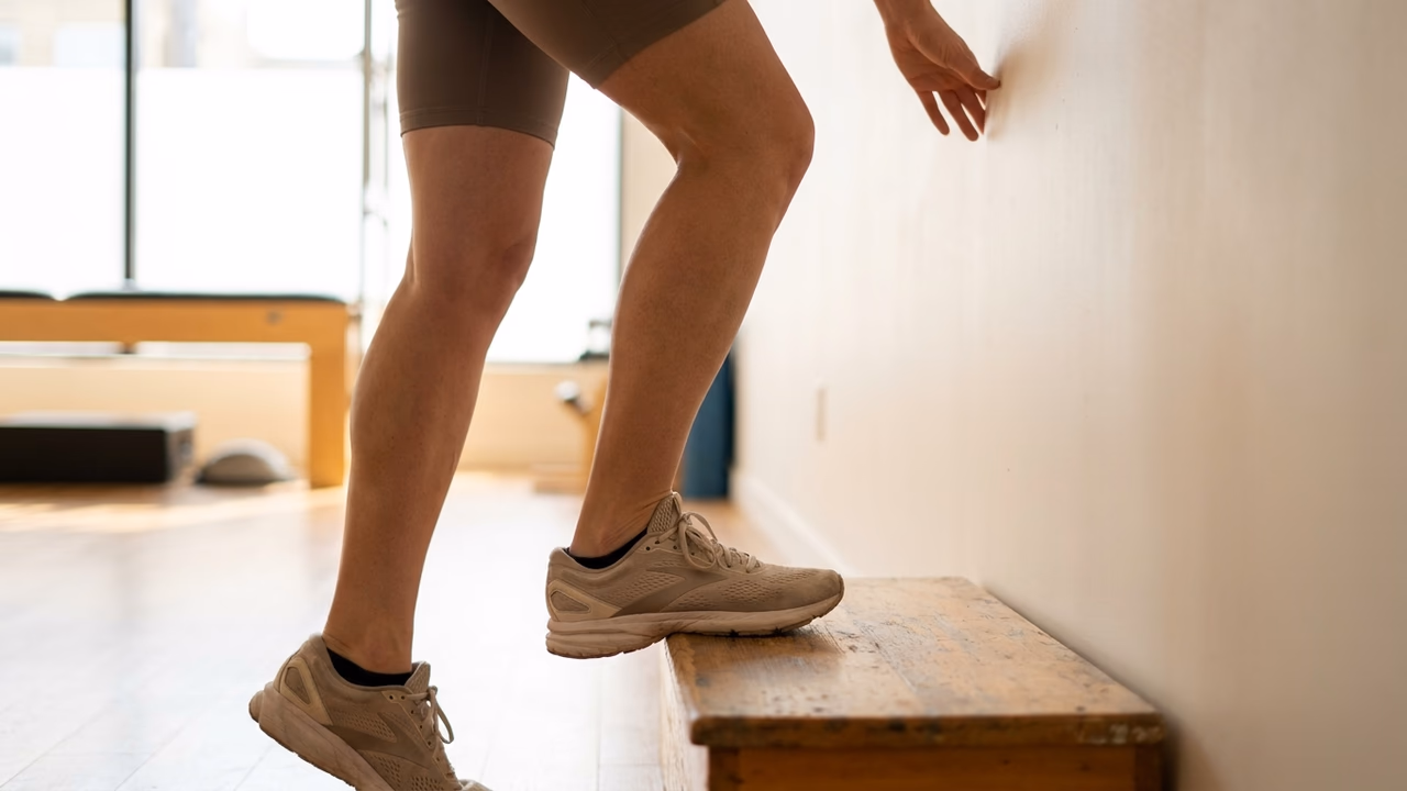 Illustration der Wadendehnung an der Stufe bei Plantarfasziitis: Vorfuß auf Stufe, Ferse senkt sich ab